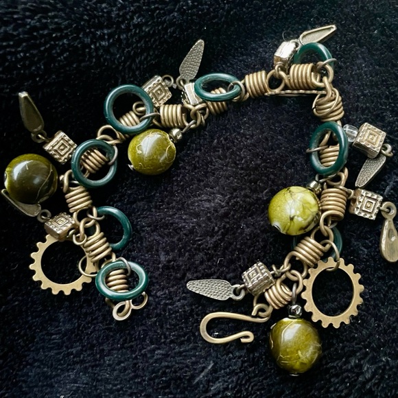 Steampunk Charm Bracelet with Gears, Green Beads, and Teal Accents - Picture 4 of 4